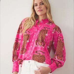 PRINTFRESH On a Whim Cotton Blouse in Neon Rose Siberian Stripes Size XS